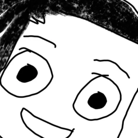 A drawing by Huxlhey of himself with wide exuberant eyes leaning forward.